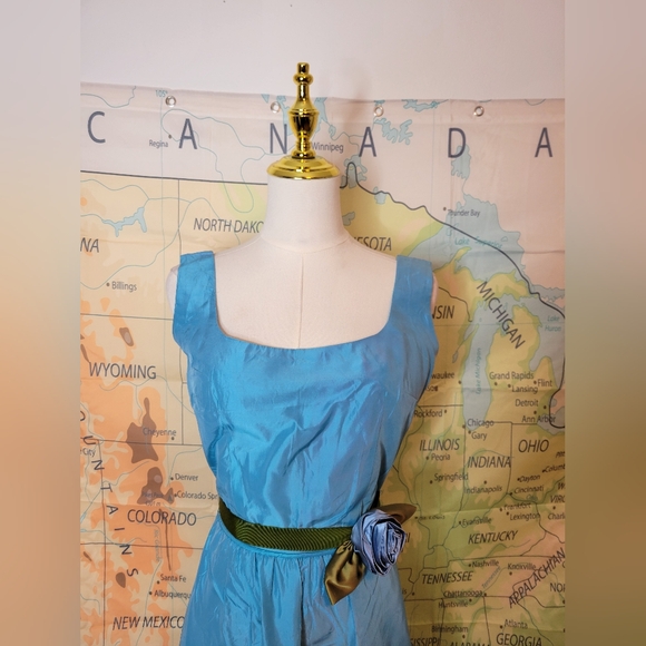 Vintage 1960s Blue Full-length Evening Gown Dress With Rose Tie Ribbon Cocktail - Picture 2 of 16